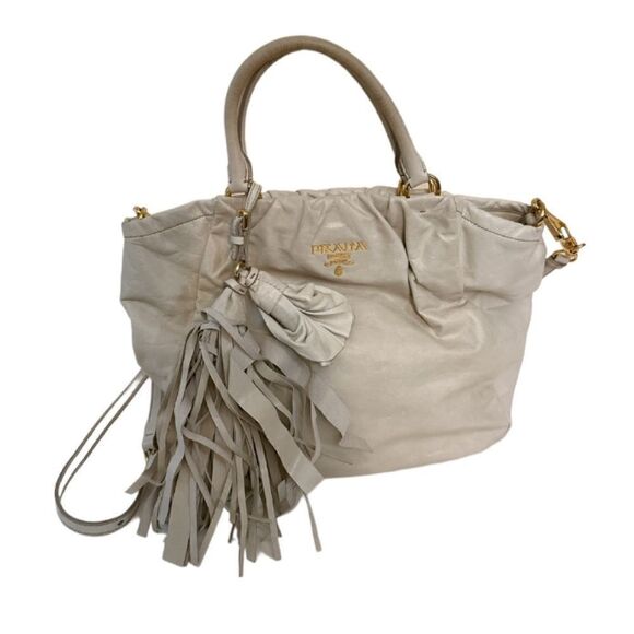 PRADA Vitello Two Way Hobo Beige Fringe Leather Bag - Picture 2 of 15